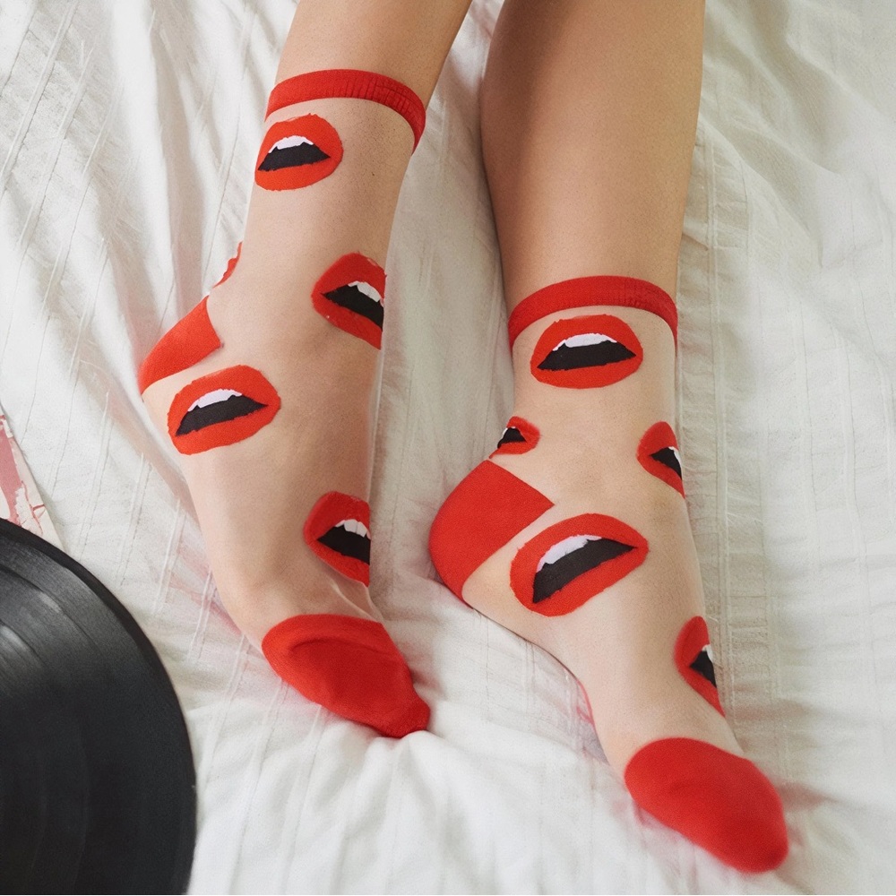 Red kiss lips mesh statement socks Rocky horror inspired red lips & teeth os